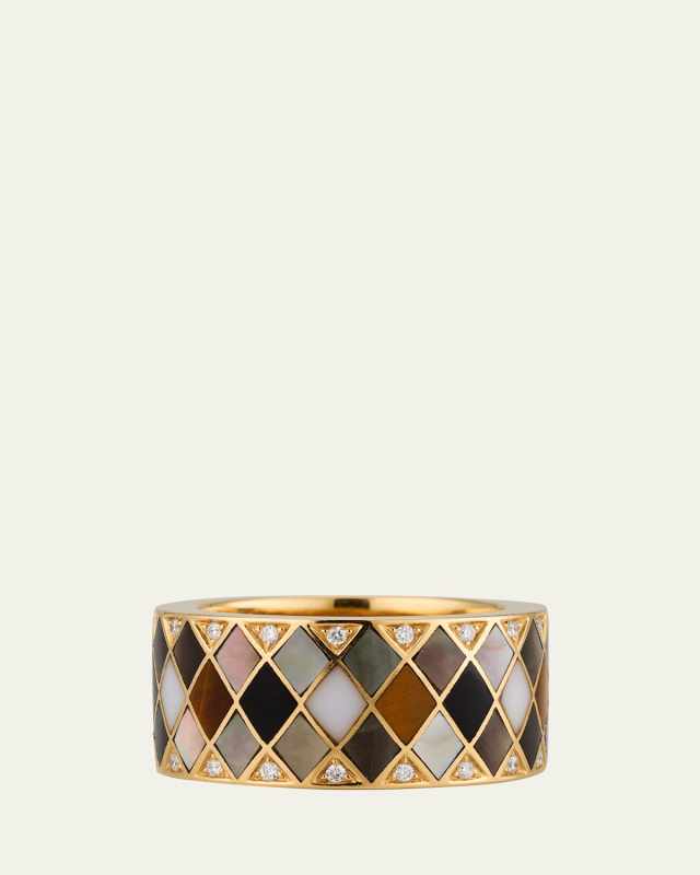 18K Yellow Gold Temple Tile Cigar Band with Tiger's Eye, Onyx, Mother of Pearl and Diamonds, Size